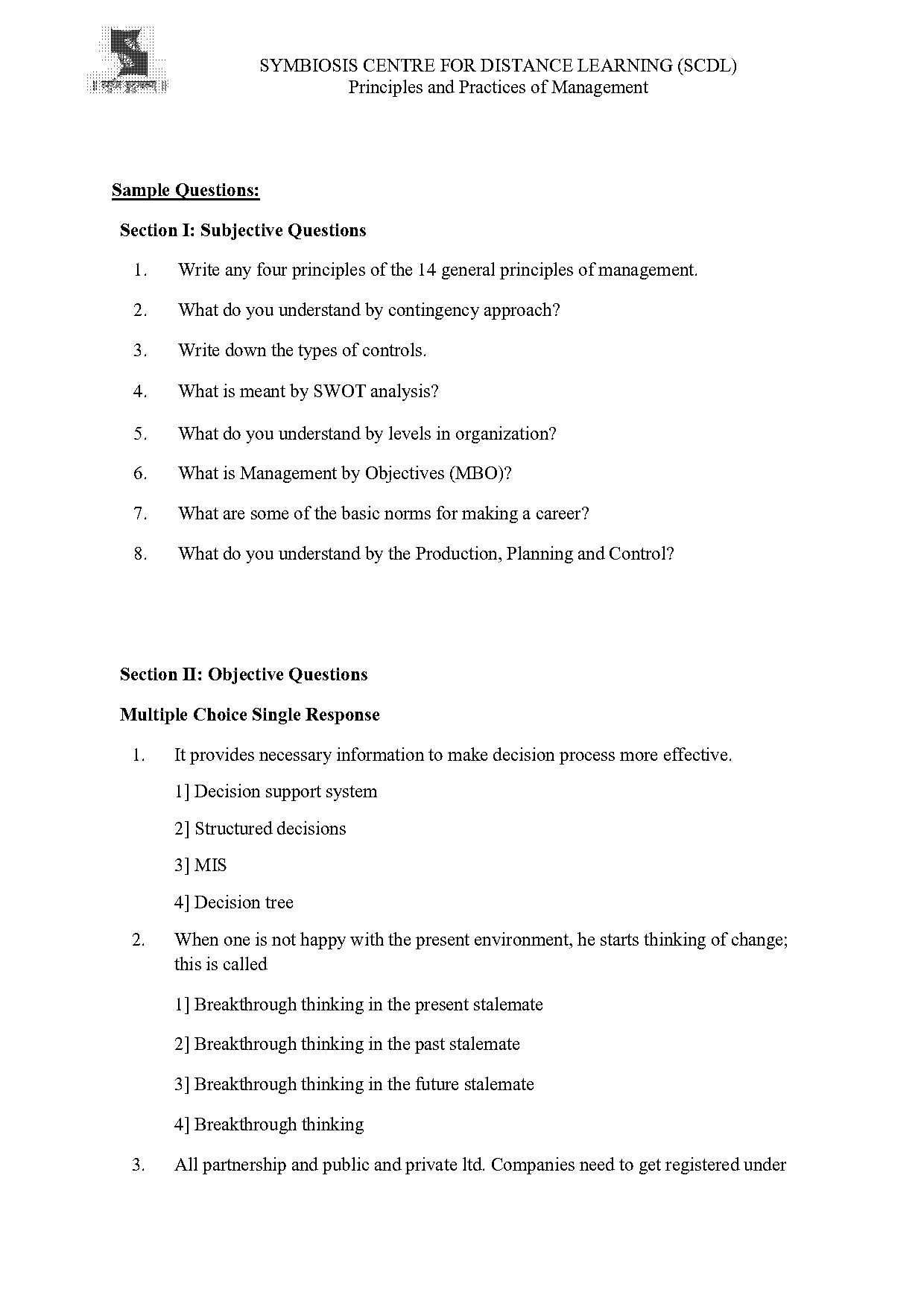 scdl sample papers for principles and practices of management
